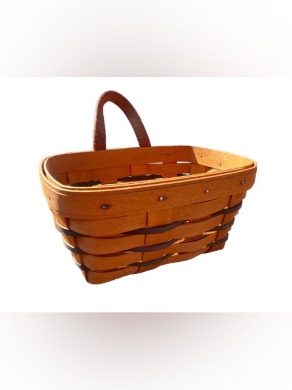Longaberger wooden basket in warm brown with dark brown accents 1997